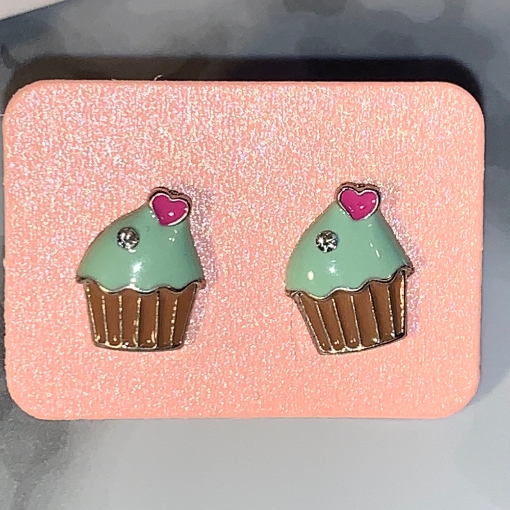 Blue & Pink Cupcake Bling 🧁 Earrings w Backs